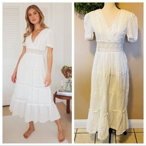 NWOT Lulus Folklore White Swiss Dot Lace Tiered Midi Dress